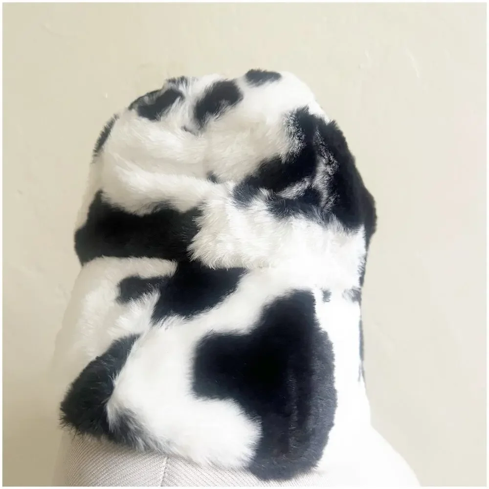 Faux Fur Cow Print Bucket Hat Black NWOT Boutique Western Coastal Cowgirl